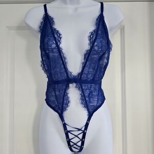 Victoria's Secret Royal Blue Lace Deep V Bodysuit Size M